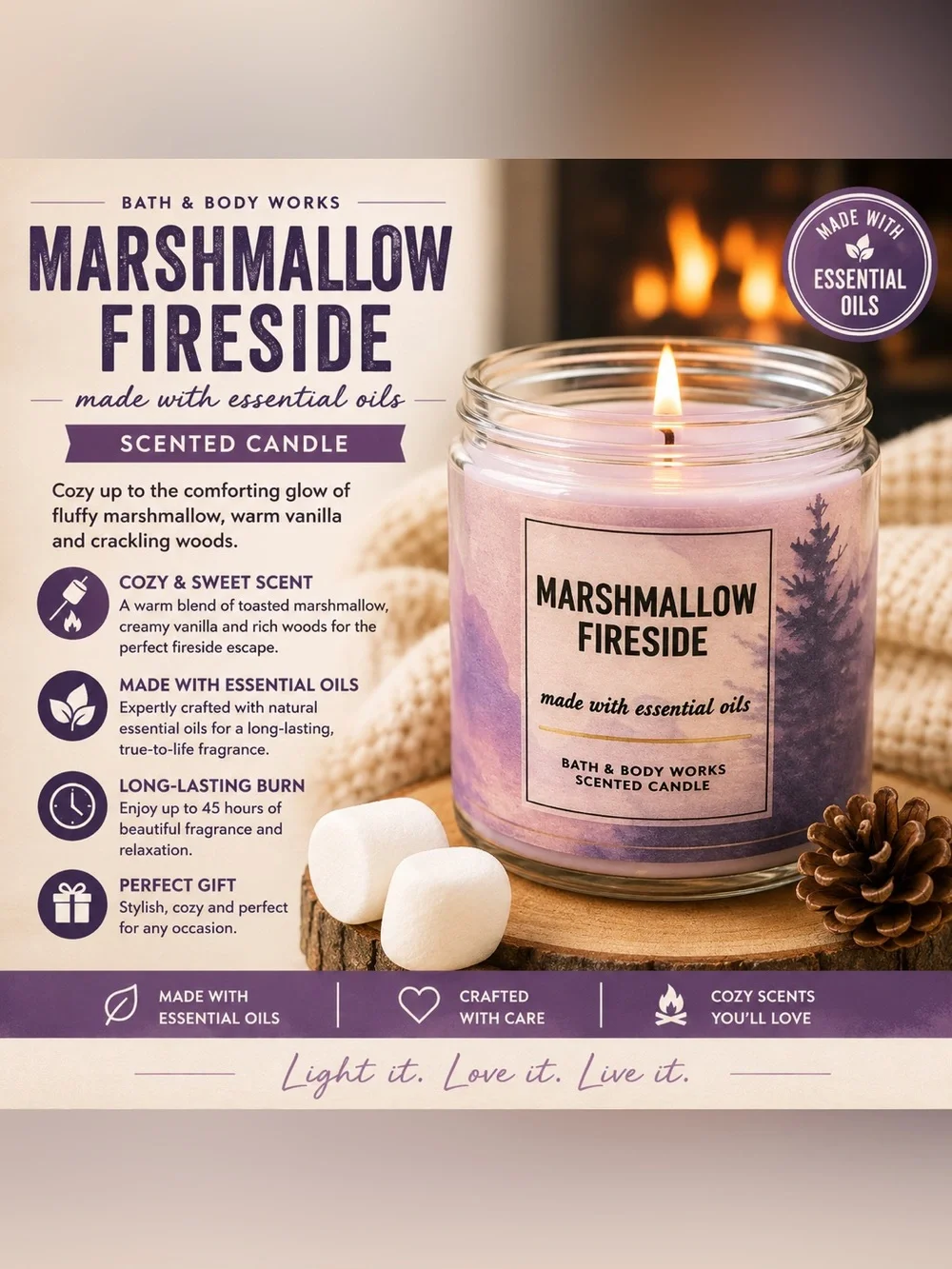 Bath & Body Works Marshmallow Fireside Scented Candle - Lavender Purple